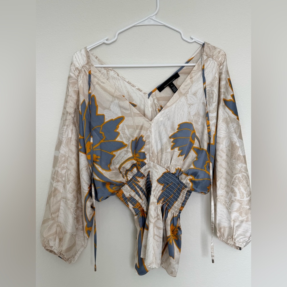 White House Black Market Floral V-Neck Blouse - Blue and Beige